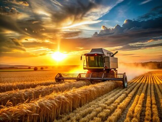 Fototapeta premium Combine Harvester Harvesting Wheat Field - Rural Agricultural Scene