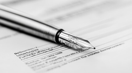 Close-up of a silver fountain pen resting on a document.