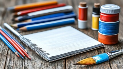 Fototapeta premium Blank sketchbook with colored pencils, paints, and brush, ready for art