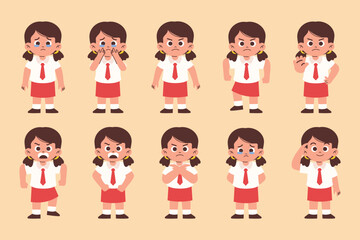 Female Elementary Student with Various Expression and Gesture, Primary Student Angry, Feels Guilty, Say No	
