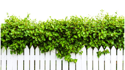 Fototapeta premium A well-maintained white picket fence borders a flourishing green hedge, showcasing vibrant leaves at the top, all under a bright. PNG