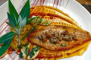 Elegant presentation of fish with sauce served on a plate for a culinary delight