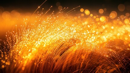 Fototapeta premium Golden fiber optics glow, bokeh background, digital art, website banner