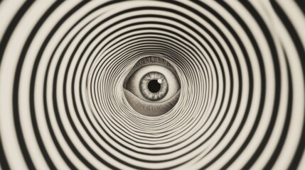 Eye in hypnotic spiral tunnel.