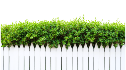 A well-maintained white picket fence borders a flourishing green hedge, showcasing vibrant leaves at the top, all under a bright. PNG