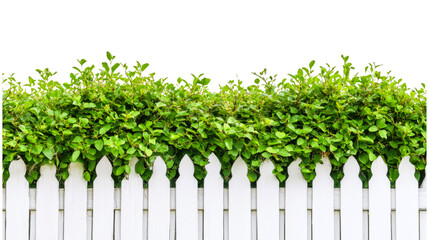 A well-maintained white picket fence borders a flourishing green hedge, showcasing vibrant leaves at the top, all under a bright. PNG
