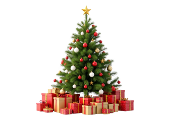Christmas tree with gold star and ornaments plus gift boxes with transparent background