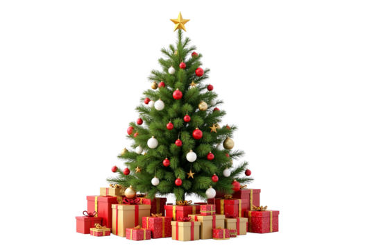 Christmas tree with gold star and ornaments plus gift boxes with transparent background