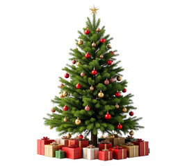 Christmas tree with gold star, red and gold ornaments and presents on transparent background