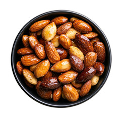 Top view of a hyperrealistic dark bowl of dill pickle flavored almonds isolated on a white transparent background
