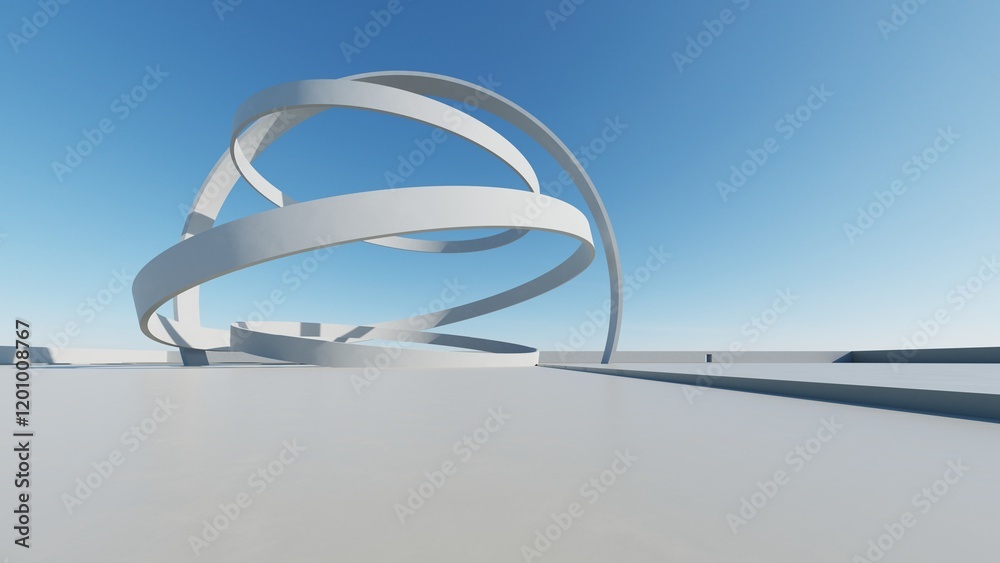 Poster 3d render of abstract modern architecture with empty cement floor, minimal exterior, car presentatio
