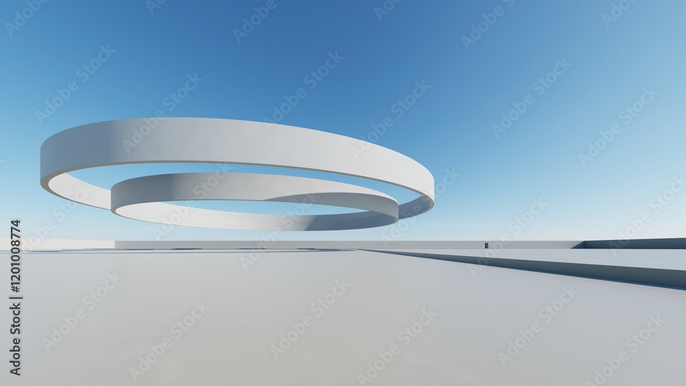 Poster 3d render of abstract modern architecture with empty cement floor, minimal exterior, car presentatio