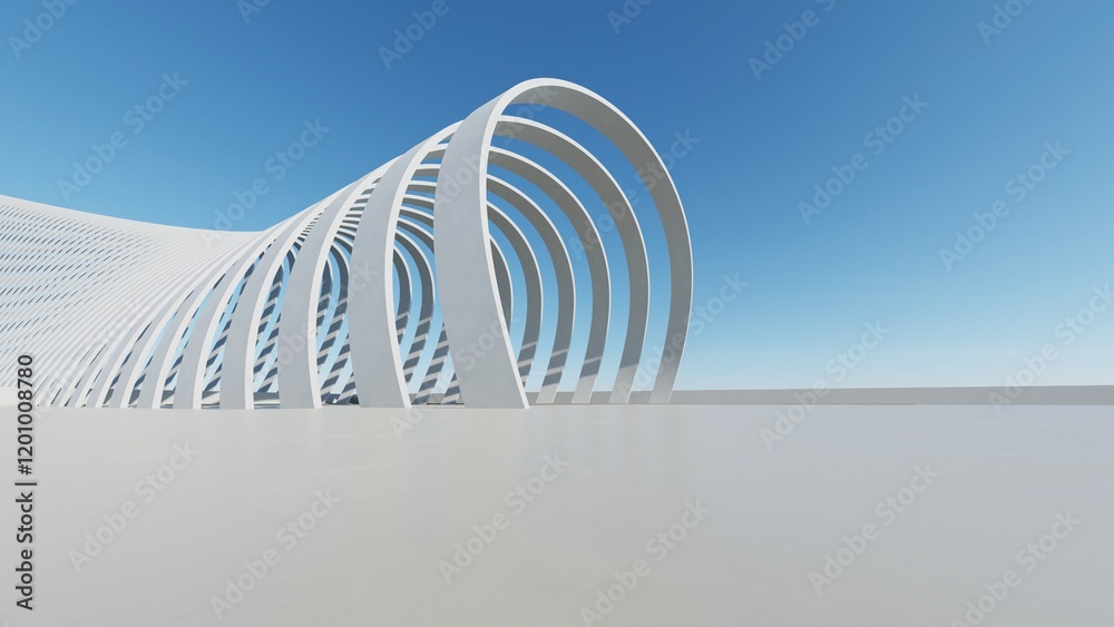 Poster 3d render of abstract modern architecture with empty cement floor, minimal exterior, car presentatio