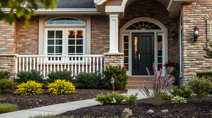 Luxury Brick House Exterior with Landscaped Garden and Walkway