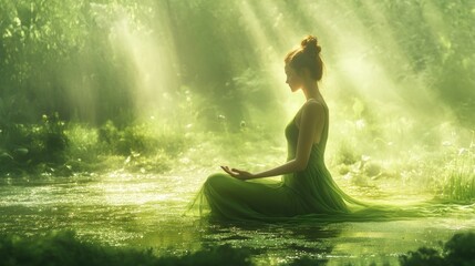 Woman meditating serene forest stream sunlight nature peace