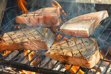 Grilling fish steaks over open flame with flavorful sauces for a delicious outdoor meal