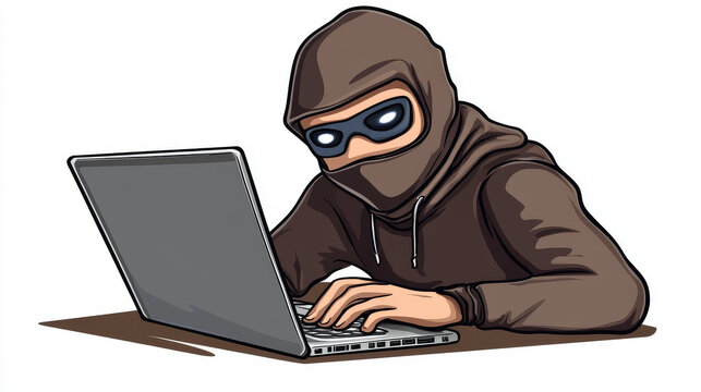 brown hooded hacker using laptop clip art preview