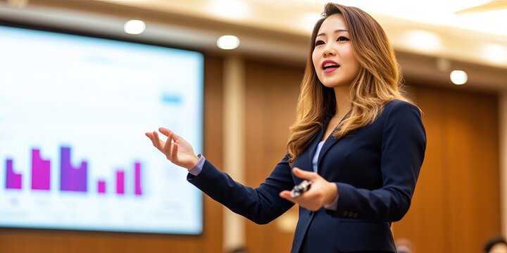 asian woman giving marketing presentation 