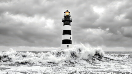 Obraz premium Black and white photograph of old lighthouse amidst stormy waves