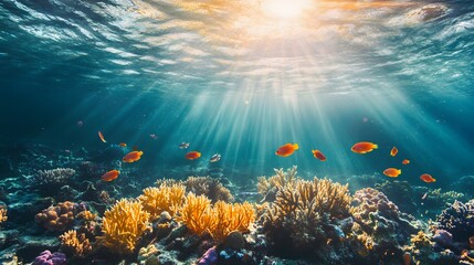 Naklejka premium Sunlit Coral Reef With Vibrant Orange Fish Swimming