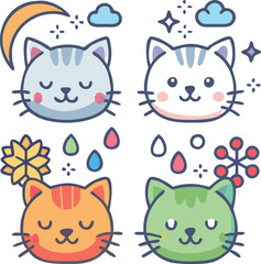 Seasonal Cartoon Cats Vector Set: Winter, Spring, Summer, and Fall