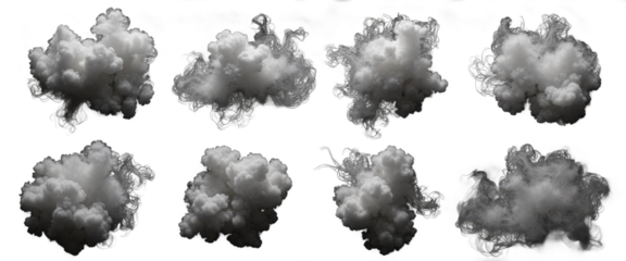 Eight white fluffy cloud-like forms with wispy tendrils against transparent background