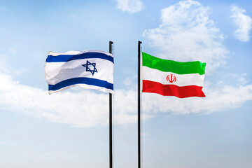 Conflict between Israel and the Iran. flags of Lebanon and Israel on a blue background of cloudy sky. negotiations between iran and Israel concept.
