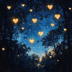 Fototapeta premium A dreamy night sky filled with glowing hearts.