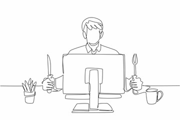 Continuous one line drawing businessman holding knife and fork facing monitor. Starting the morning with breakfast at the office. Efficiency. Deskfast Day. Single line draw design vector illustration