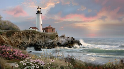 Naklejka premium Romantic lighthouse painting with pastel sunset