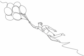 Continuous one line drawing businessman hold many balloons and flying in the wind. Strong winds ruin room decoration plans. Extreme. National Big Wind Day. Single line draw design vector illustration