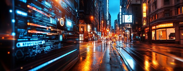Obraz premium Urban Night Scene with Blockchain Elements