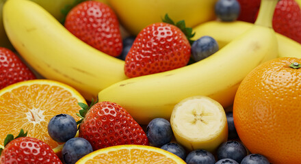 Obraz premium Fresh Fruit Abundance Bananas Strawberries Oranges Blueberries