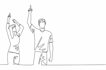 Single one line drawing a woman and a man in casual clothes, their hands pointing upwards. Compete to count the number of stars. Look Up at The Sky Day. Continuous line design graphic illustration