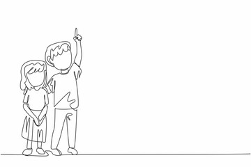 Continuous one line drawing a boy embraces little sister with his hands pointing up. Learn openly from nature. Counting the stars. Look Up at The Sky Day. Single line draw design vector illustration
