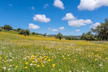 Vibrant wildflower meadow under blue sky with white clouds and olive trees