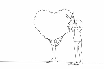 Continuous one line drawing woman cuts plant and shapes it into heart shape. Unique hobby of caring for plants and with full heart. National Gardening Day. Single line draw design vector illustration