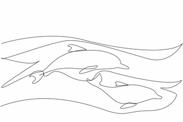 Single continuous line drawing 2 dolphins swimming. Aquatic mammals are known for their high intelligence. Jumping out of the water. Habits. National Dolphin Day. One line design vector illustration