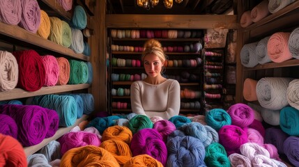 Knitting enthusiast surrounded by colorful yarns in a cozy workshop setting