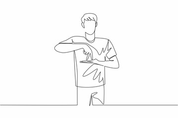 Continuous one line drawing a man in casual clothes making a hand gesture. Stand then walk symbol. Communication code. National American Sign Language Day. Single line draw design vector illustration