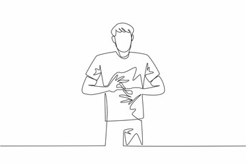 Single one line drawing a man in casual clothes making a hand gesture. Word translator on television news shows. Code. National American Sign Language Day. Continuous line design graphic illustration