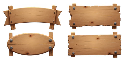 Four wooden cartoon signs on transparent background with screws and wooden supports