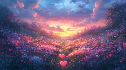 Fototapeta premium A fantastical meadow glowing with radiant pastel flowers and heart-shaped grass