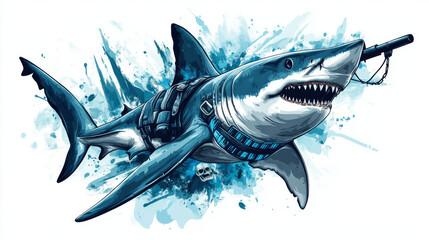 Fototapeta premium T-shirt print with shark, vector animal ascot for scuba diving club, sea predator animal with gun, skull belt and blue text on white apparel. Ocean adventure team, shark zone t-shirt template