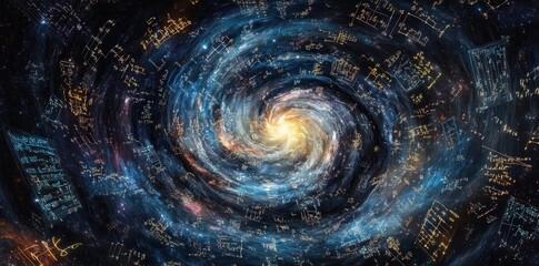 A swirling galaxy embedded with mathematical equations and formulas