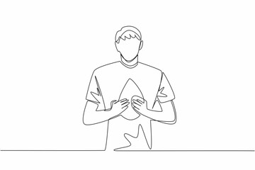 Single continuous line drawing a man holds drops of blood with both hands while pointing forward. Like a public service announcement. Concern. World Hemophilia Day. One line design vector illustration
