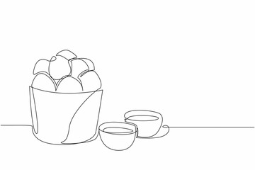 Single continuous line drawing pile of cheese balls in paper bucket. Bought to take home. More delicious with chili sauce and mayonnaise. National Cheese Ball Day. One line design vector illustration