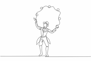 Single one line drawing male juggler juggling balls. Combination of dexterity and concentration. Entertaining show. The expert. International Jugglers Day. Continuous line design graphic illustration