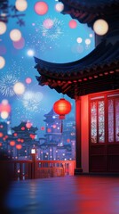 Fototapeta premium A minimalist Chinese-style building in bright, light red tones. It is decorated with glowing red lights and traditional Chinese architecture.