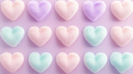 Obraz premium Pastel hearts arranged on a smooth textured pastel background. The heart is soft and fluffy It looks luxurious like a cloud.